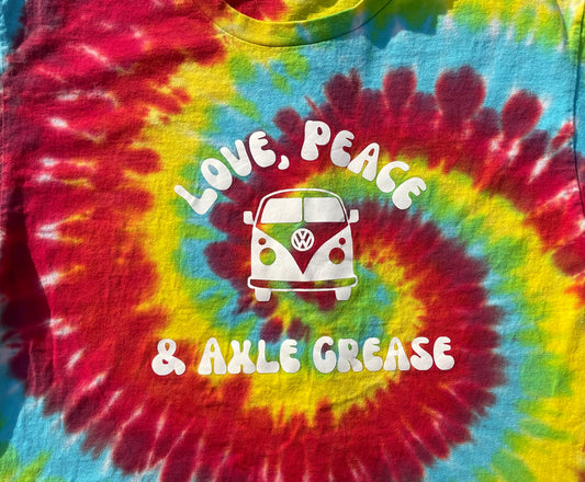 “Love, Peace, Axle Grease” Tie Dye T-Shirt Adult LARGE