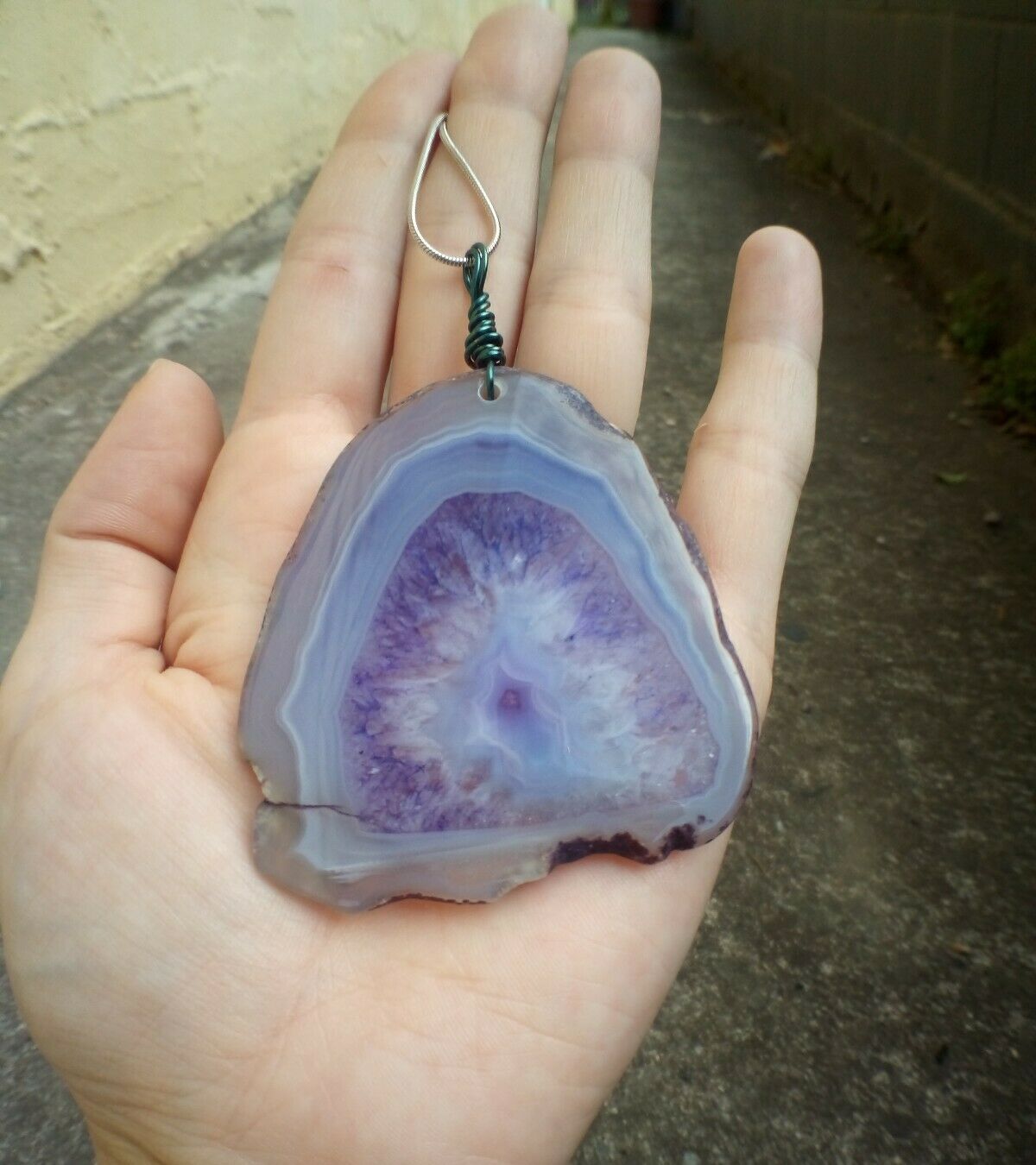 Purple Agate Polished Pendant on Stainless Steel Chain - Crystal Healing
