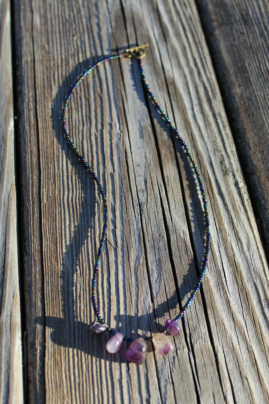 Amethyst & Glass Beaded Necklace 19" Handmade