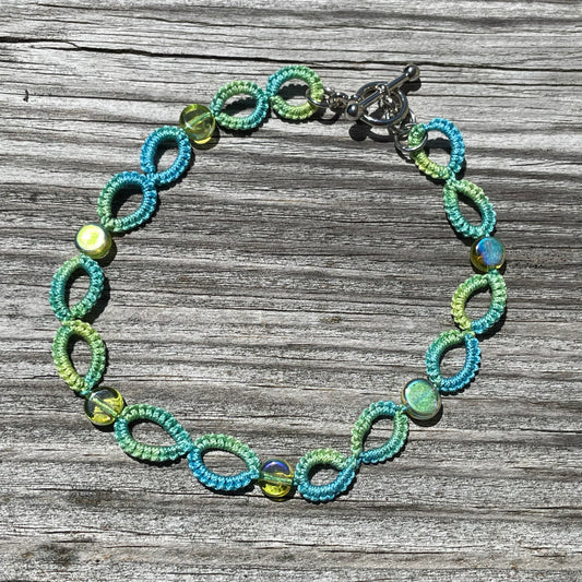 Tatted Lace Bracelet w/ Toggle Clasp - Blue & Green