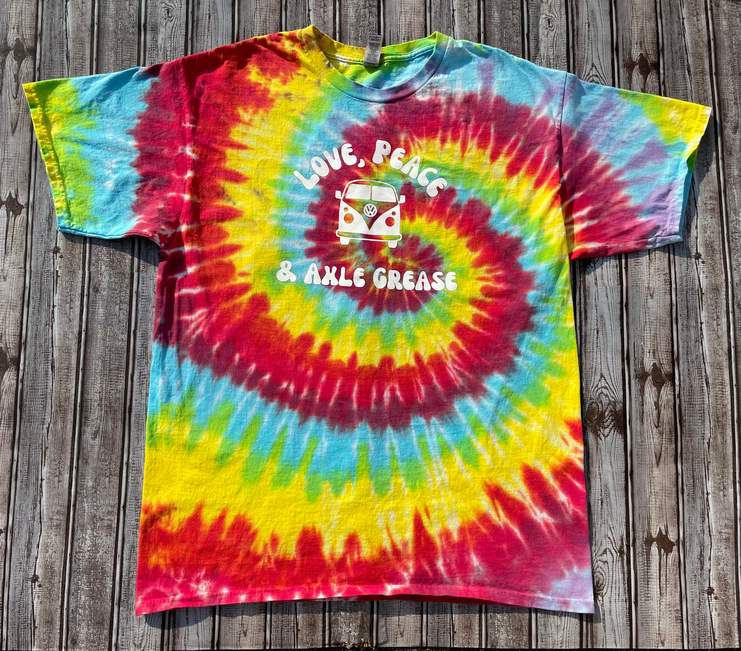 “Love, Peace & Axle Grease” Tie Dye T-Shirt Adult XL