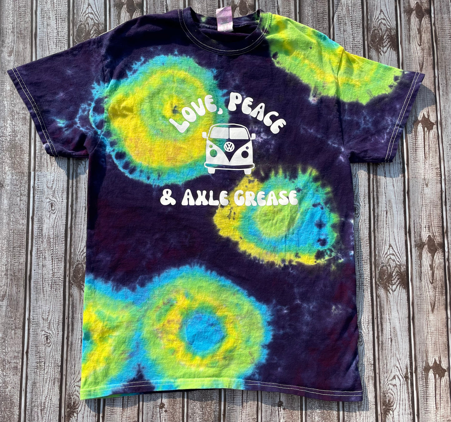 Love, Peace, & Axle Grease Tie Dye T-Shirt Adult Medium
