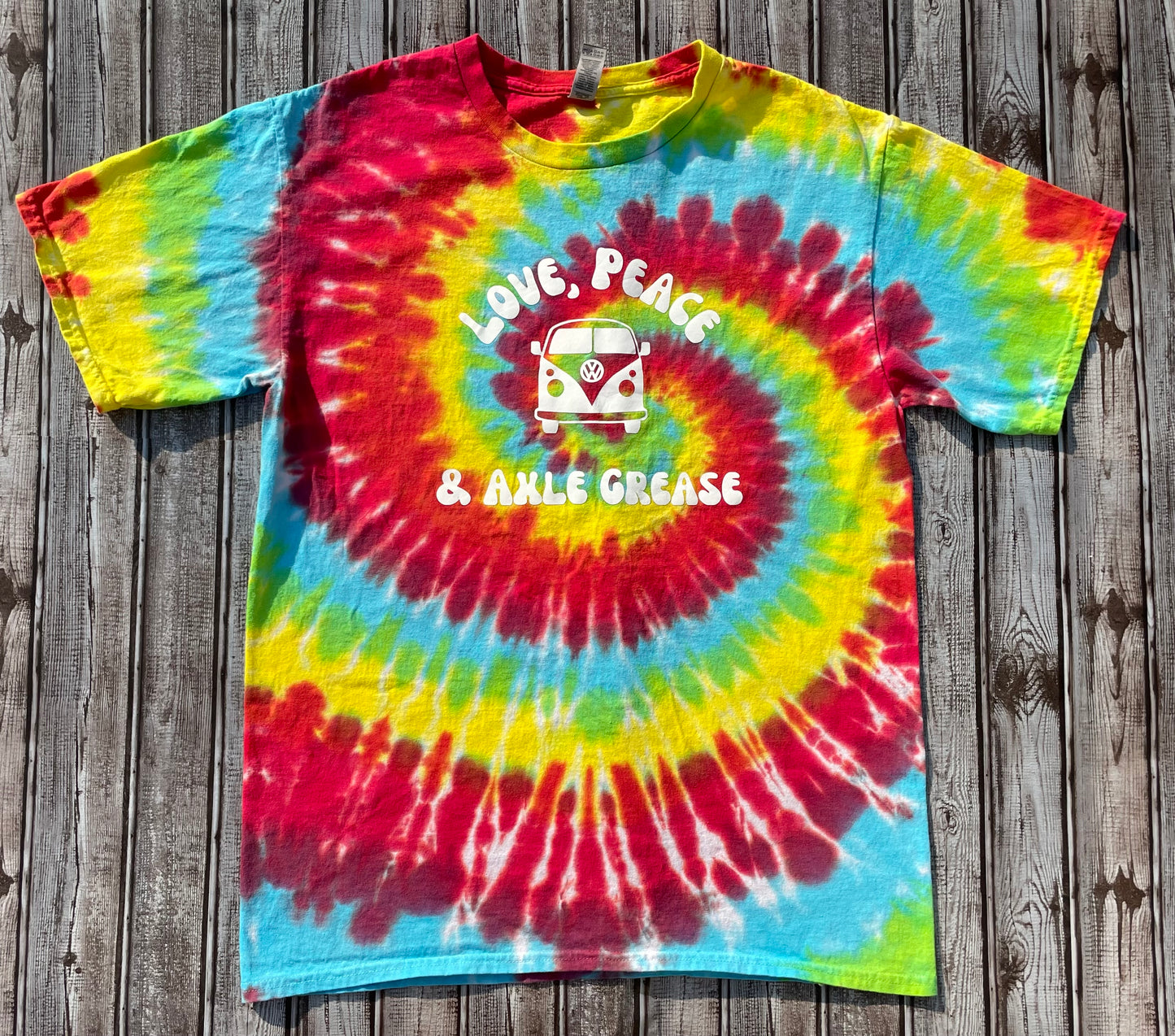 “Love, Peace, Axle Grease” Tie Dye T-Shirt Adult LARGE