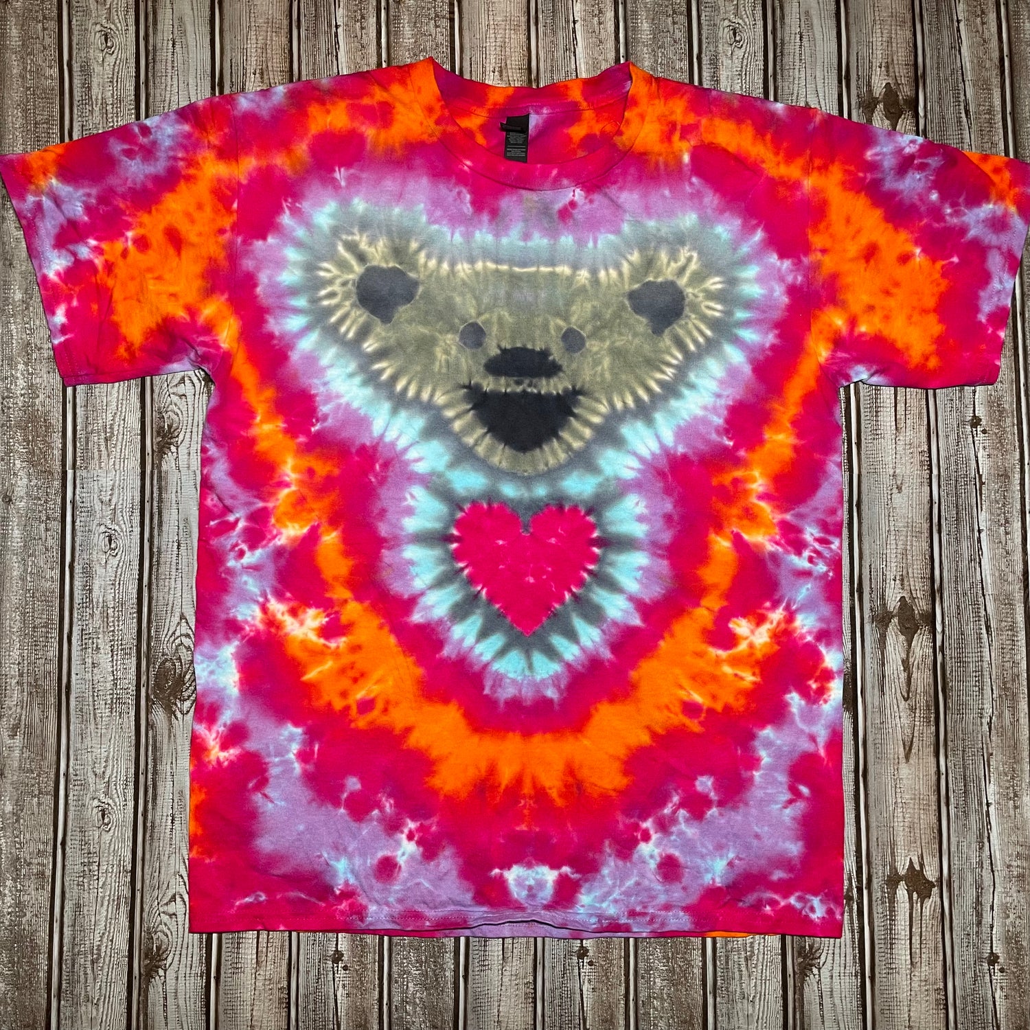 Grateful Dead Bear w/ Hearts Tie Dye T-Shirt Adult LARGE