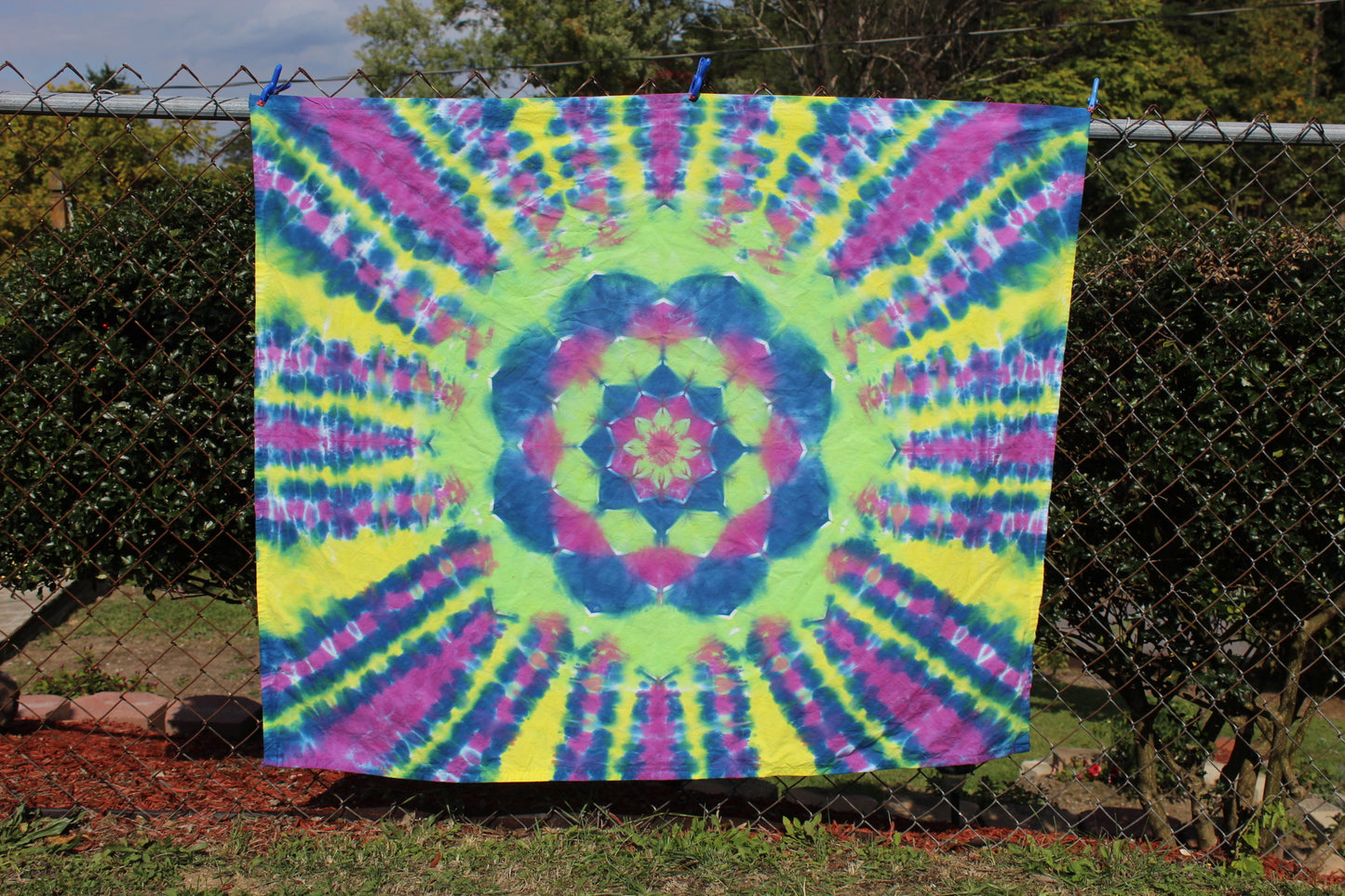 Tie Dye Tapestry Mandala 48" x 40" - Handmade Wall Hanging Fabric Poster