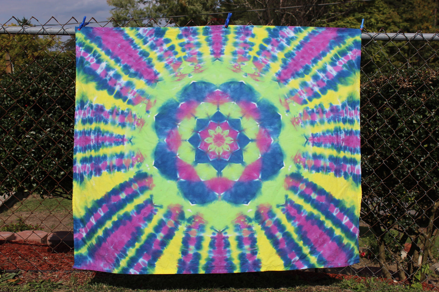 Tie Dye Tapestry Mandala 48" x 40" - Handmade Wall Hanging Fabric Poster