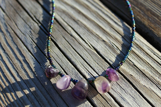 Amethyst & Glass Beaded Necklace 19" Handmade