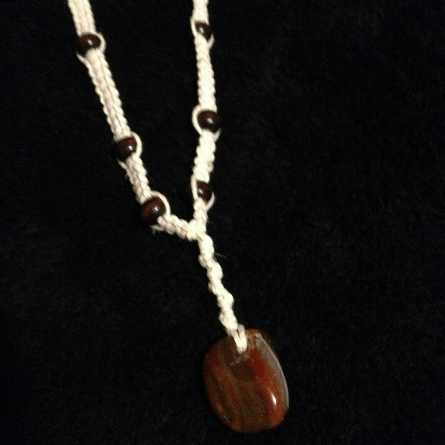 Agate & Wood Beads Hemp Necklace White Handmade in USA #674