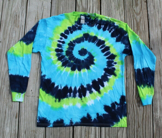 Tie Dye Long Sleeve T-Shirt KIDS XL Spiral - Blues & Green - Hand-dyed in USA