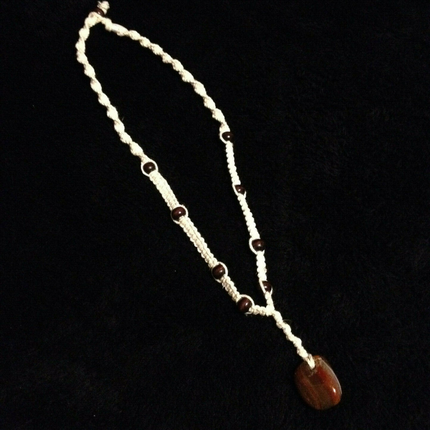Agate & Wood Beads Hemp Necklace White Handmade in USA #674