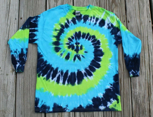 Tie Dye Long Sleeve T-Shirt KIDS Medium - Blues & Green Spiral