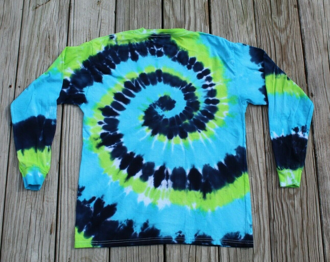 Tie Dye Long Sleeve T-Shirt KIDS XL Spiral - Blues & Green - Hand-dyed in USA