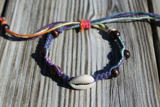 Adjustable Hemp Bracelet with Cowrie Shell Rainbow HANDMADE IN USA