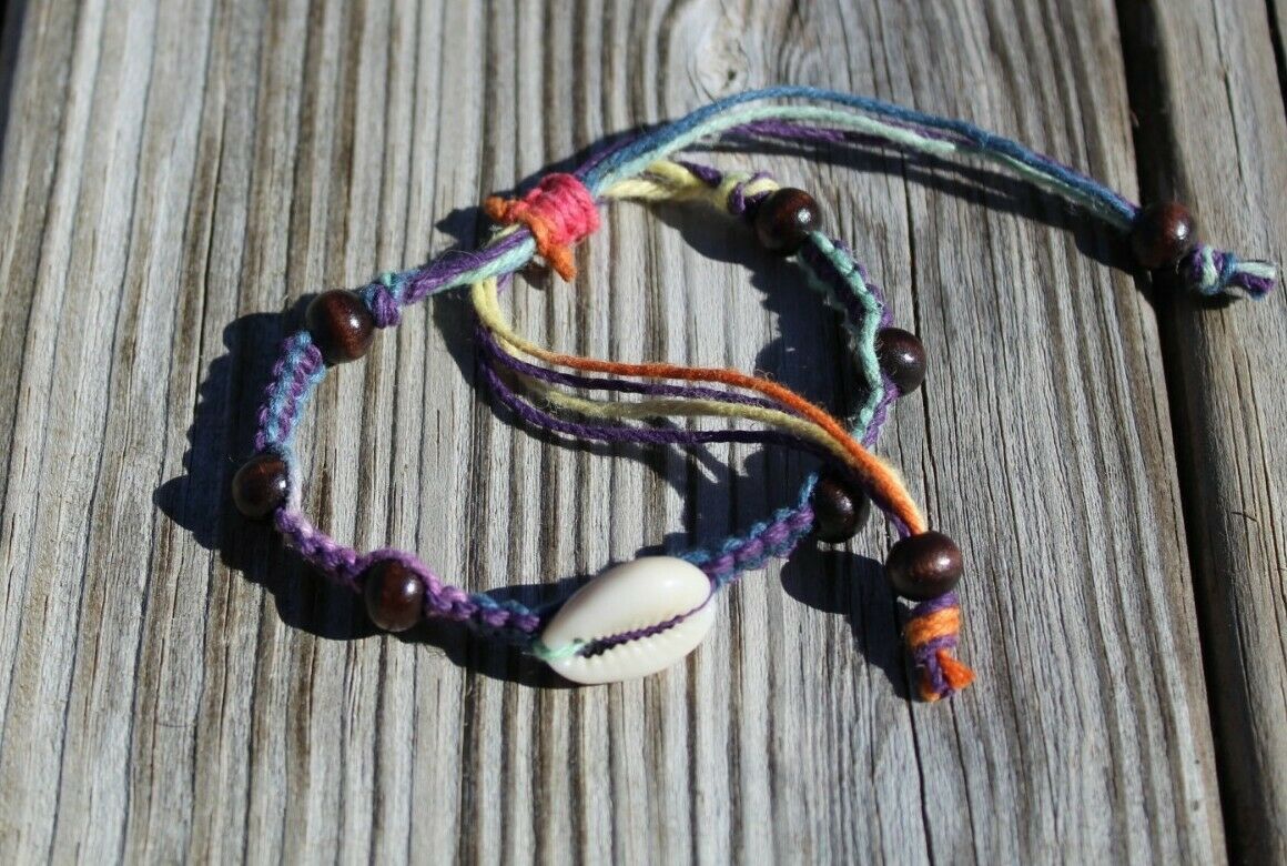 Adjustable Hemp Bracelet with Cowrie Shell Rainbow HANDMADE IN USA